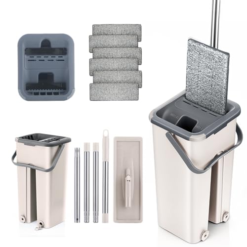 Mopa para Limpiar Azulejos y Paredes Mopa Fregona con Cubo Escurridor Fregona Autoescurrible Mopas de Limpieza Suelos Mop Bucket Set 6 Almohadillas Gamuza Trapeador Microfibra