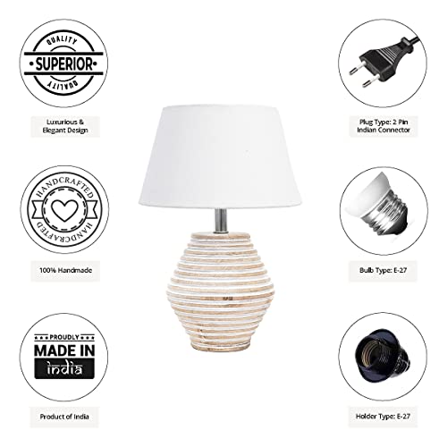 Image of PineCraft International Atury Table Lamp with Shade Night Lamp for Living Room, Study Room, Bedroom & Home Decor Gift Item 14 inch Height Wooden Study Lamp with White Shade