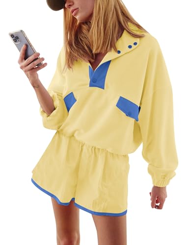 Womens 2 Piece Outfits Quarter Button Sweatsuit Oversized Y2k Color Block Sweatshirts Workout Lounge Shorts Sets 2025