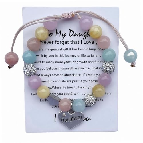 Image of DOLON Handmade Crystal Beaded Heart Charm Bracelet for Daughter Adjustable Birthday Christmas Jewelry Gift from Mom Dad