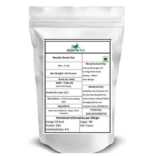 Image of Siyacha Tea Masala Green Tea, 250 G, Organic Chai Patti with Cardamom, Ginger, Mint, Cinnamon Blend, For Digestion, Cough & Cold, Weight Loss, Summer Spicy Beverage, Makes 125 Cups (approx)