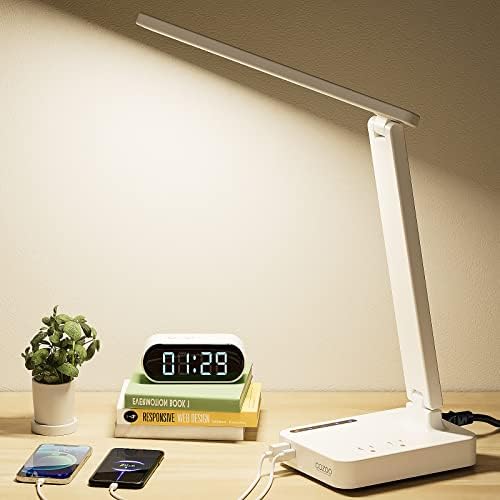 COZOO LED Desk Lamp with 2 USB Charging Ports and 2 AC Outlets,3 Color Temperatures & 3 Brightness Levels, Touch/Memory/Timer Function,10W Eye Protection Foldable Reading Light,Lamp Supply for Student
