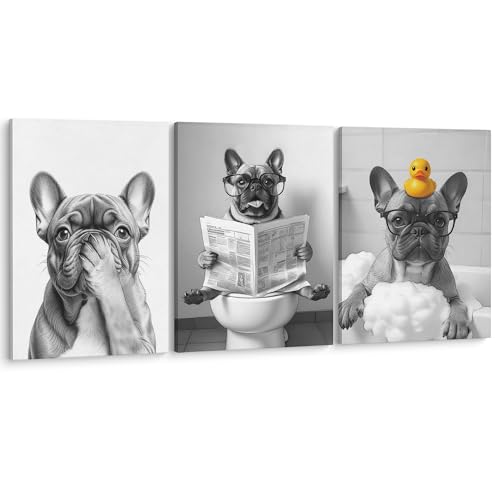 LUKIPOM Funny French Bulldog Bathroom Wall Art Canvas Prints Set