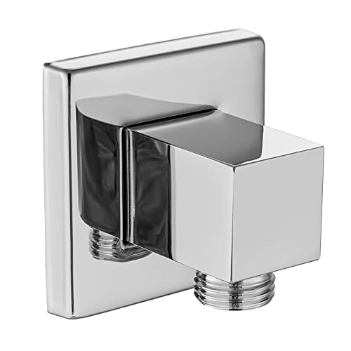 Cinwiny Square Wall Mounted Supply Elbow Polish Chrome Solid Brass Npt1/2" Water Union Outlet For Hand Held Sprayer With G1/2”Shower Hose Connector And Flange #TOP2