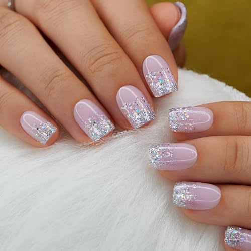 Image of Curvlife 30pcs Short Press On Nails, Shining Stick on Fake Nails Design Glossy Acrylic Nails Tips Glue on Nails For Women False Nail Kit With Nail Glue