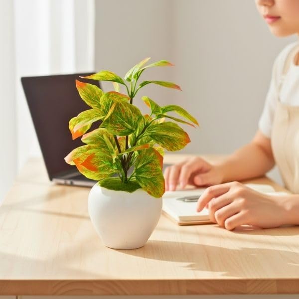 Image of fancymart Artificial Plant Leaves in Apple Pot (30 cm Height) | Small Potted Plant for Office Desk | Home Decor for Living Room | Cafe & Restaurant Table Decoration