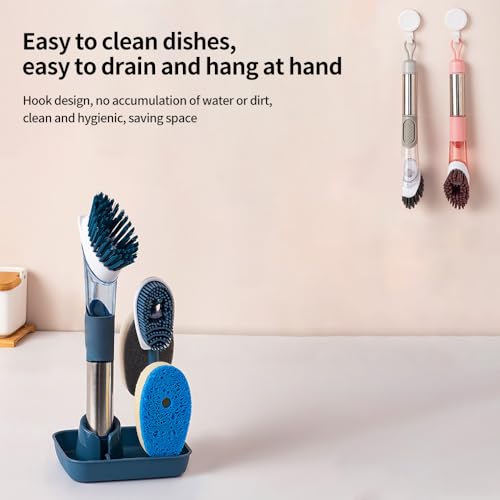 Image of Household Four in One Long Handled Kitchen Automatic Liquid Sponge Cleaning Tool, Long Handled Brush Pot, Hydraulic Cleaning Brush, Kitchen Specific Pot Cleaning Brush(Grey), Gray