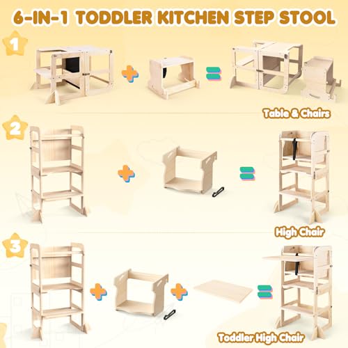 Woodure 6 in-1 Toddler Kitchen Step Stool with Wooden Stool, Foldable Learning Standing Tower with Blackboard & Feeding Tray, Wooden Kitchen Stool Helper for Kids, 1-3 Year Old Boy Girl Gifts