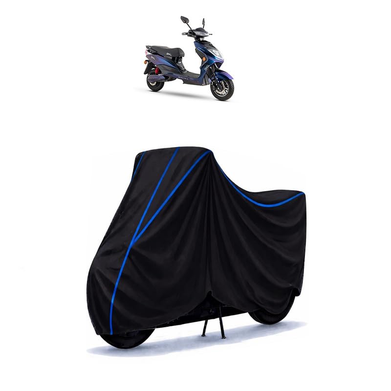 Image of Scooty Cover Water Resistant for Yellow Zing Electric | Universal Scooter & Bike Cover | Heavy Duty UV Dust, Rain & Scratch Protection | Elastic Fit All Weather Indoor Outdoor | Black with Blue Piping