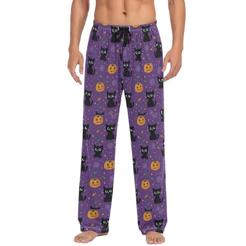 Men’s Halloween Black Cats Pajama Pants with Pockets, Comfortable Lounge Sleep Bottoms#613