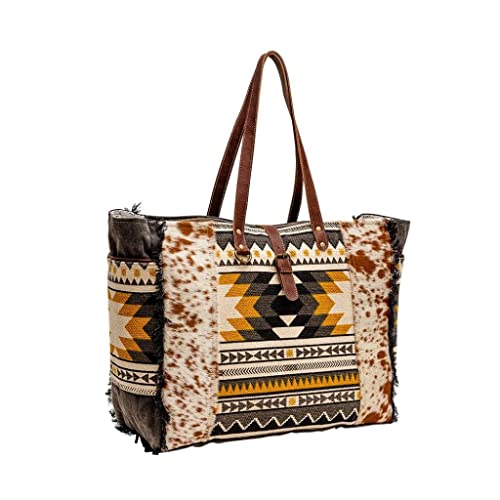 Image of Myra Bag Western Leather Weekender Bag for Women - Cotton & Upcycled Canvas Boho Shoulder Bag Trilang