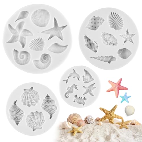 4 piezas Marina Animales Moldes Silicona,Moldes de Fondant para Tartas con Temática Marina,Molde de Silicona para Fondant con Tema Marino,3D Molde Conchas del Mar Marina Animales Moldes,para Gelatina