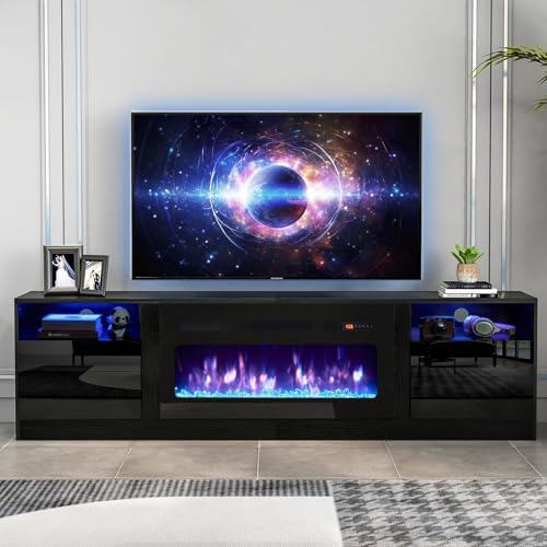 oneinmil 80” TV Stand with 36” Electric Fireplace, Large Modern Media Entertainment Center with Storage Cabinet and 12 Colors LED Lights for TVs Up to 90", Black+Black