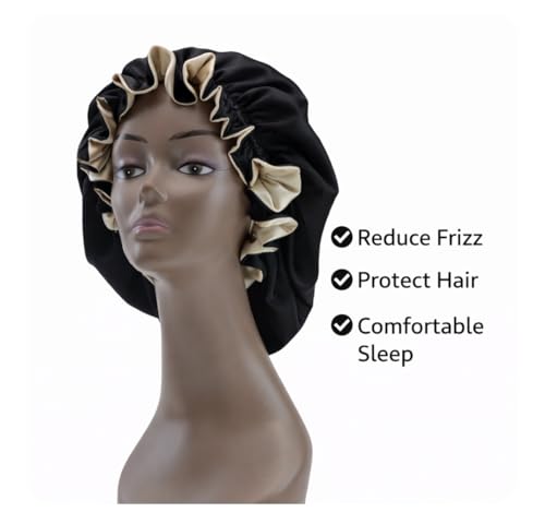 Satin Pillowcase Set with Adjustable Sleep Bonnet, 2 Satin Pillowcases 20x 30 Inch + 1 Satin Bonnet, Silky Soft Anti-Frizz Hair Protection Sleep Set for Women. (Black) - Image 4