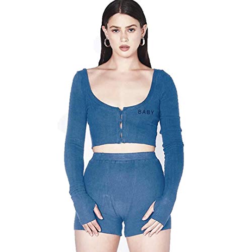 Sexy Casual-Scoop Neck Long Sleeve Crop Top-with Matching Ribbed Shorts Set-80% Cotton (Large) Navy Blue