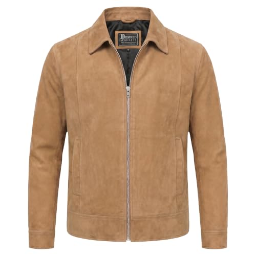 Image of Mens Polo Collar Zipper Suede Shirts Long Sleeve Shacket Suede Trucker Jacket Real Suede Leather Shirt