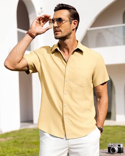 Image of Alimens & Gentle Mens Linen Shirts Short Sleeve Button Down Shirts Wrinkle Free Casual Vacation Beach Summer Tops