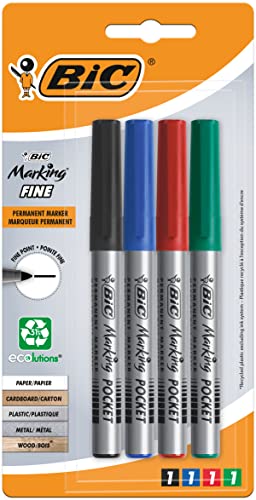 BIC Marking Fine ECOlutions Marqueurs Permanents à Pointe Conique Fine - Couleurs Assorties, Blister de 4