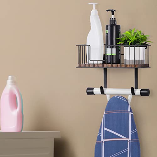 Ironing Board Hanger Wall Mount Iron Accessories Hanger with Shelf Laundry Room Iron Board Wall Adjustable Iron Board Holder for T & Y Leg Ironing Board Organizer with Storage Basket for Home, Black