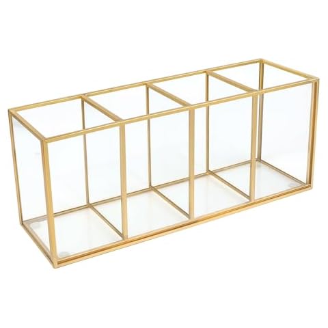Pencil Holder for Desk,Tempered Glass Pen Holder,3&4 Compartments,Desktop Storage Organizer for Office Supplies,School Supplies,Pens,Markers,Pencils,Scissors,Paperclips (Gold, 4 compartments) Cover
