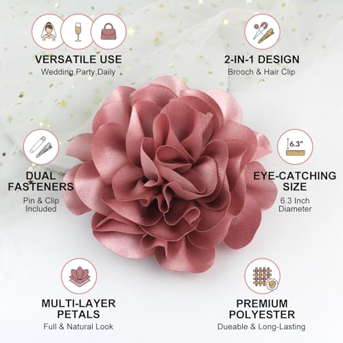 Image of Merdia 6.3 inch Rose Flower Brooch & Hair Clip for Women - Large Floral Pin for Clothes & Hair Accessories | Elegant Dress Jewelry for Events, Parties & Occasions - Blush Pink