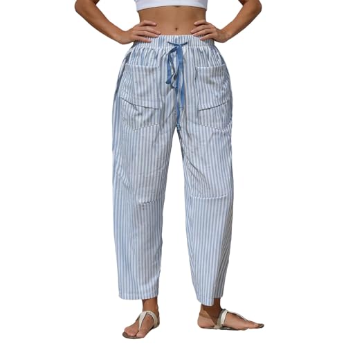 Pantalon Carpien Barrel rayé en tissu léger pour femme avec taille haute élastique