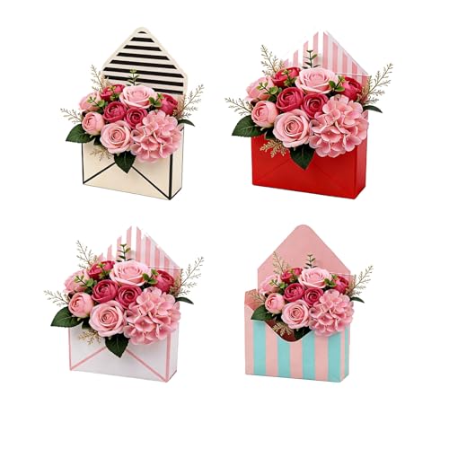 Valentine Envelope Gift Box Set – 4 Pcs Red Floral Folding Paper Envelopes for Bouquet, Proposals, Wedding & Birthday Gifts with Love Letter Design & Handles (all-4pcs)