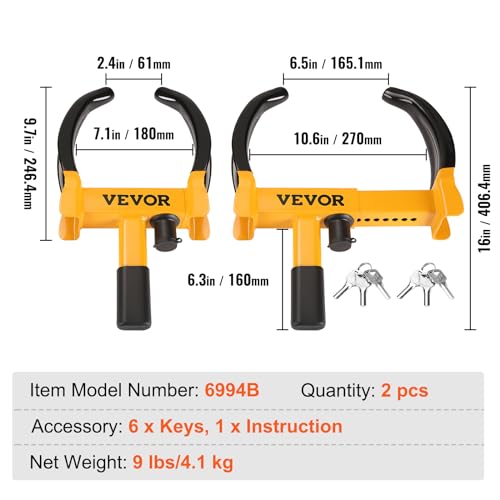 Image of VEVOR Universal Wheel Clamp Lock, 2 Pack Adjustable Anti-Theft Tire Lock, Heavy-Duty Steel for ATV SUV Car Golf Cart Boats Motorcycles, with 6 Keys