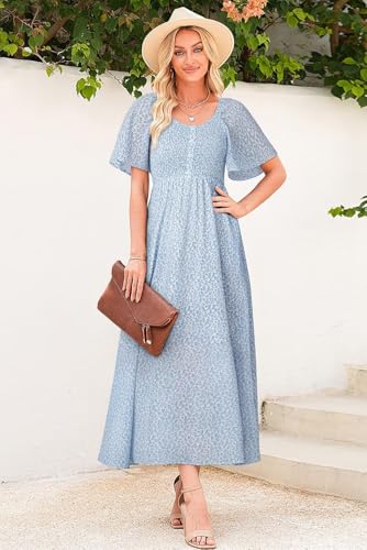 Image of Dokotoo Womens Dresses 2025 Square Neck Tie Backless Summer Dresses Cap Sleeve Floral Buttoned Empire Waist Maxi Dress