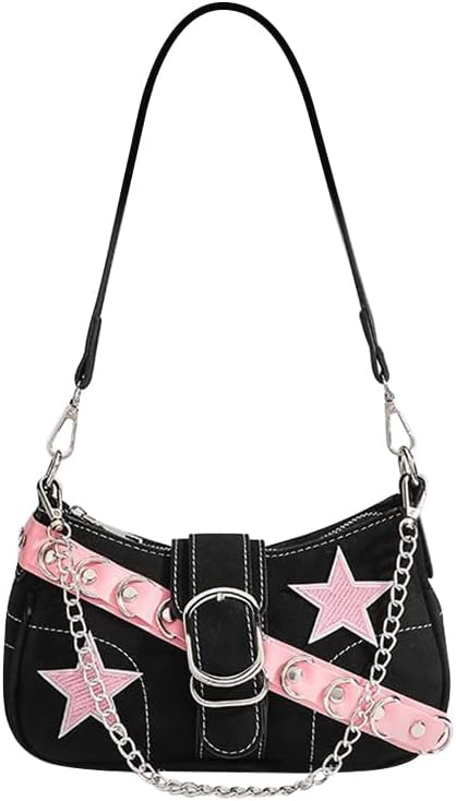 Cute Y2k Purse for Women, Star Embroidery Pattern with Chain Strap Shoulder Bag, Goth Style Cute Mini Purse