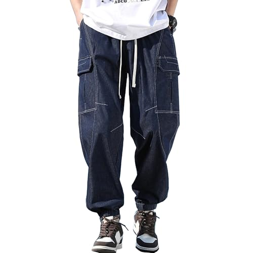 XYXIONGMAO Men's Blue Washed Multi-Pocket Loose Cargo Pants Functional Hip Hop Techwear Casual Jeans Streetwear Slacks
