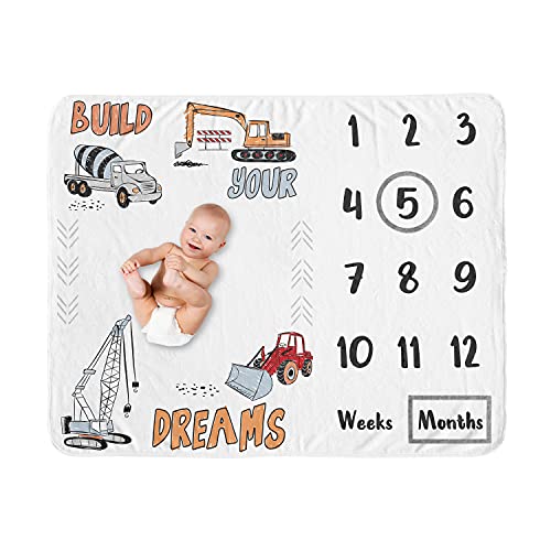 Image of Sweet Jojo Designs Construction Truck Boy Milestone Blanket Monthly Newborn First Year Growth Mat Baby Shower Memory Keepsake Gift Picture - Grey Yellow Orange Red Blue Transportation Chevron Arrow
