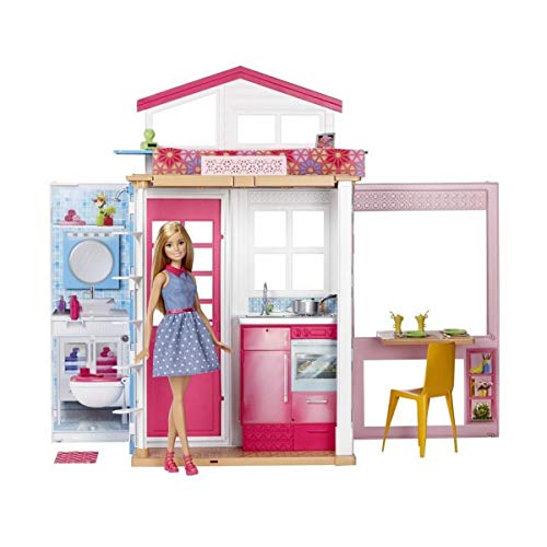 Barbie Mobilier Coffret Maison 2 Etages et 4 Pieces avec Accessoires et Une Poupee Incluse, Jouet pour Enfant, DVV48 Exclusivité sur Amazon