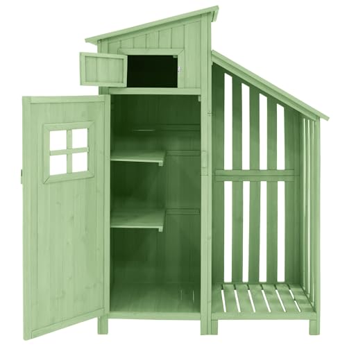 Gegtuon Gerätehaus mit Satteldach, Geräteschuppen Gartenhaus Gartenschrank aus Holz mit Fenster Türen & Stauraum Ablagen, Wetterfest Outdoor Schuppen für Garten Terrasse, 124x53cm (LxB), Grün A