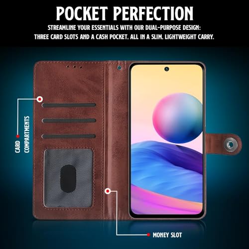 Image of WOW IMAGINE Shock Proof Flip Cover Back Case for Xiaomi Redmi Note 10T 5G | Poco M3 Pro 5G (Magnetic Button Flip Case | Wallet Pockets & Stand | Leather Finish | Coffee)