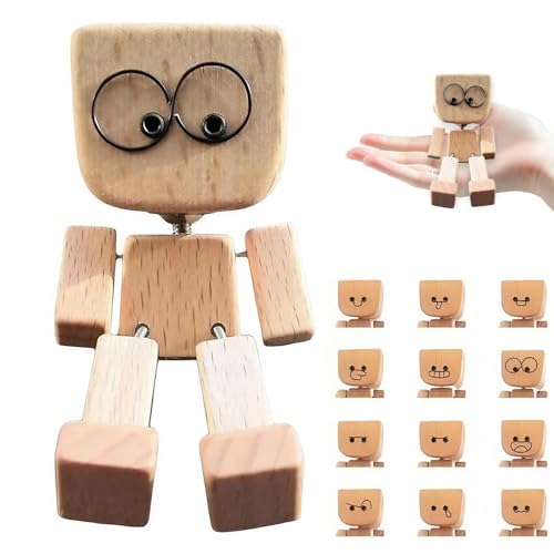 DSXVJHD Shaking Wooden Man Figurine, Handmade Shaking Feet Wooden Doll with Magnetic Action, 12 Expressions Wood Desktop Car Dashboard Ornament, Action Figure for Home Car Office