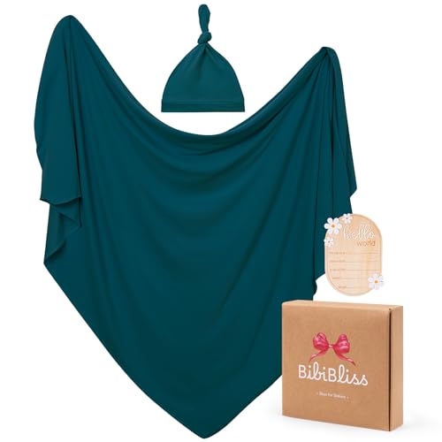 Image of Stretchy Swaddle Blanket for Newborns with Hat & Hello World Card-Soft Baby Swaddles 0-3 Months,47 inchx 47 inchSupersoft Swaddle Blanket,Receiving Blanket for Boys & Girls (Emerald)