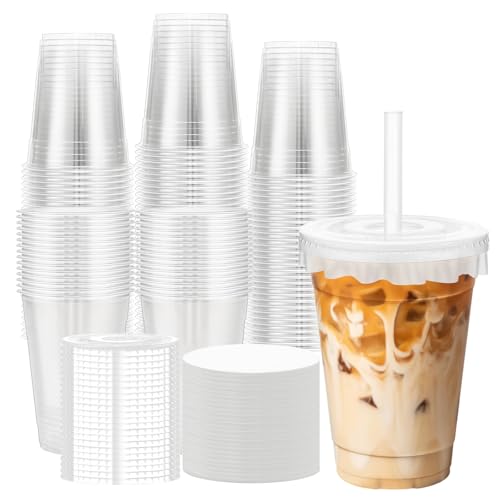 Huifany 100 Pack 16 oz Disposable Cups with Lids and Straws Plastic Coffee Cups Iced Smoothie Cup with Lids and Paper Lid Liners for Cold Drink Smoothies and Leak-Proof BPA-Free