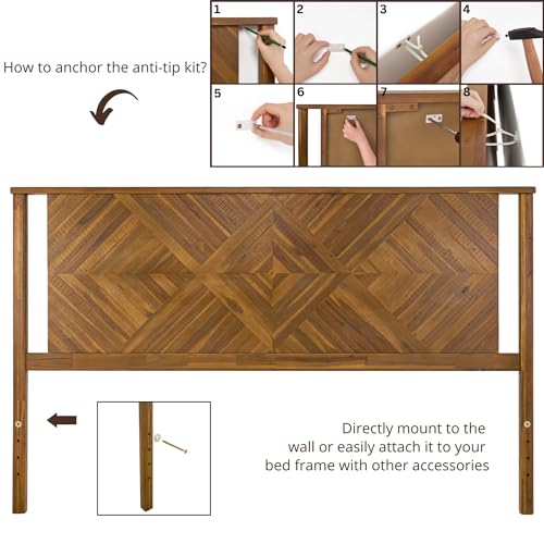 Image of Bme Ethan King Wood Headboard Only - Rustic & Scandinavian Style Without Bed Frame - Acacia Wood - Easy Assembly - Rustic Brown
