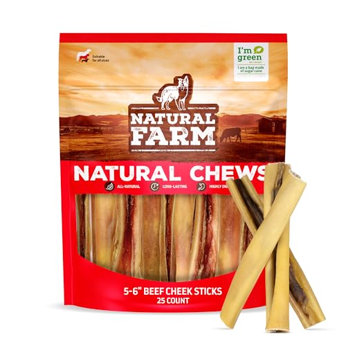 Natural Farm Bully Cheek Stick, 5-6-Inch (25-Pack)- Best Bully Stick Alternative, 100% Natural Beef Cheeks for Dogs- High Protein, Cleans Teeth Treats, Long Lasting Beef Chews for All Dog Sizes