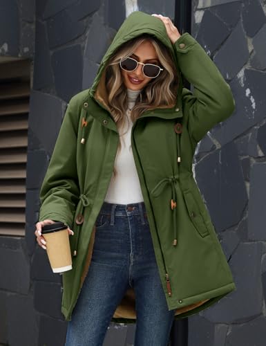 Vancavoo Winterjacke Damen Wintermantel Warm Gefüttert Winterparka Winter Jacket Mäntel Verstellbarer Kordelzug Parka Kapuzenmantel Frauen mit Kapuze,Grün,L