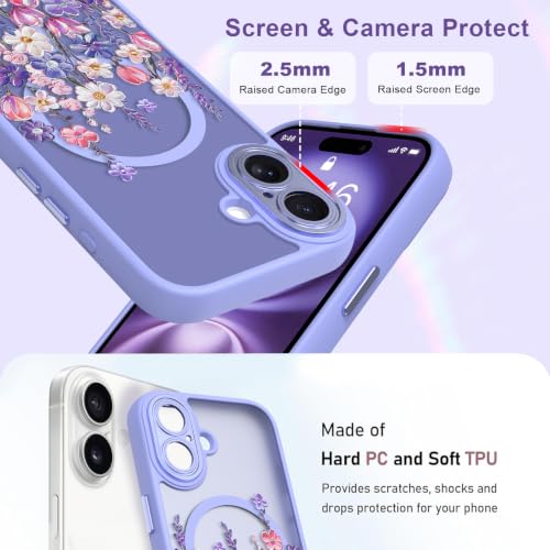 Image of Magnetic for iPhone 16 Case with for Women Girls, Purple Floral | Cute Oil Painting Flower Pattern Design [Compatible with MagSafe] [Full Camera Protection] Translucent Slim Shockproof Cover