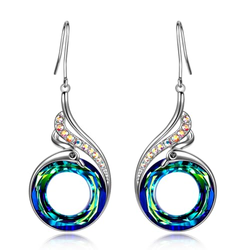 Image of Kate Lynn "Rise From the Ashes" Phoenix Earrings, Sterling Silver Dangle Earrings with Crystals from Austria, Birthday Gift with Jewelry Box, Symbol of Luck and Renewal, Medium, Crystal, No Gemstone