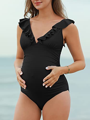 Summer Mae Maternity Swimsuit V-Neck One Piece Swimsuit Ruffled Lace Up Monokini Black M - Image 3