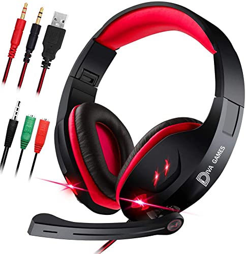 Diva Group Red Gaming Headset Headphones Lit MIC 3.5mm for PC Laptop PS3/ PS4/ PS5/ XBOX ONE/ (Red)