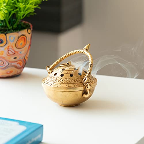 Image of ExclusiveLane 'Inayaat' Brass Dhoop Dani Incense Burner (Pure Brass, 4.2 Inches, 0.6 Kg) | Handcurved Brass Dhuna Dani Arti Loban Dani Dhoop Burner for Puja Dhoop Dani for Home Mandir