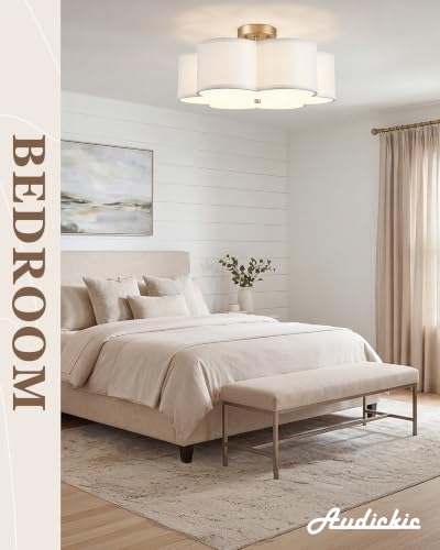 Image of 18 inch Gold Semi Flush Mount Ceiling Light with White Fabric Shade