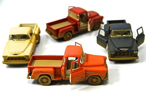 Kinsmart Set of 4: 1955 Chevy Stepside Dirty Pick-Up 1:32 Scale (Red, Badge, Blue, Orange)