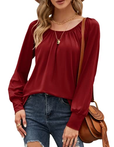 Odosalii Oberteile Damen,Herbst Langarmshirt Falten Rundhals Pullover Modisch Lässige Blusenshirt Einfarbig Tunika Tshirts Festlich Outfit Tops(Weinrote,X-Large) Cover