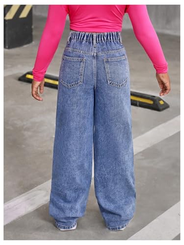 WDIRARA Girl's Rhinestone High Waisted Wide Leg Jeans Baggy Denim Pants with Pockets2